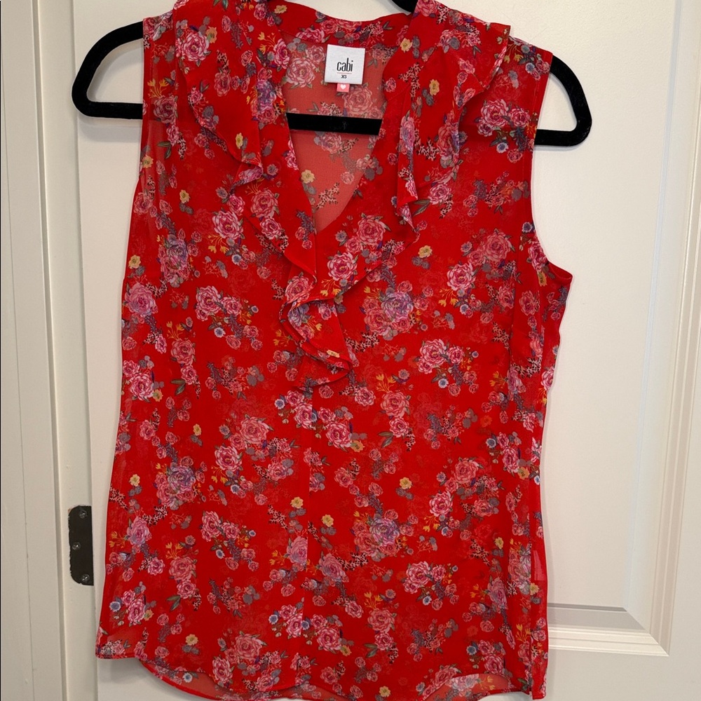 CAbi Red Floral Ruffle Blouse